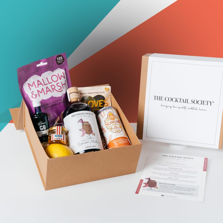 Mother's Cocktail Hamper from The Cocktail Society including a 500ml bottled cocktail, ready to drink cocktails, snacks and more. The perfect cocktail gift ideas for Mother's Day