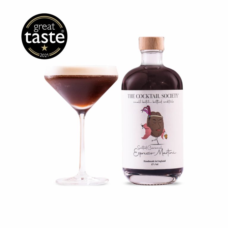 The Cocktail Society Salted Caramel Espresso Martini Premixed 500ml Bottled Cocktail with Great Taste Award sticker