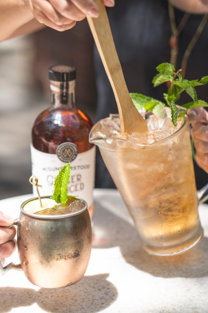 A jug of Moscow Mule cocktail, made with new ingredients to make the Irish Mule cocktail recipe