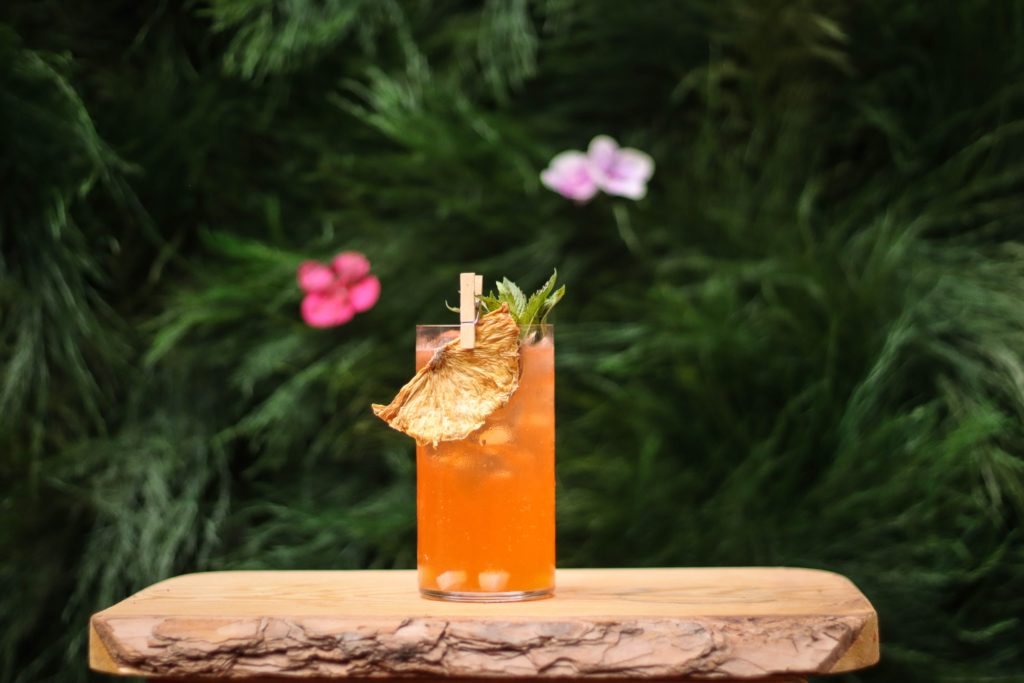 An image of a cocktail in a hi-ball glass next to a Spring garden, part of a collection of Spring cocktail recipes